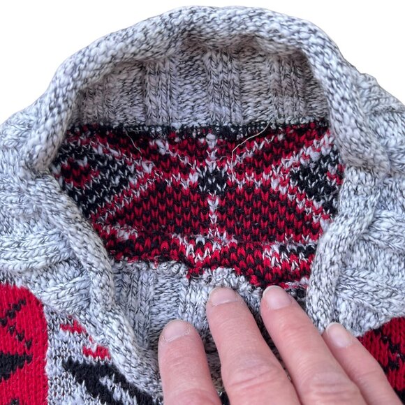 Vtg Nordic Sweater Snowflake Check Plaid Gray Red Black Cotton Winter Size L - Picture 5 of 7